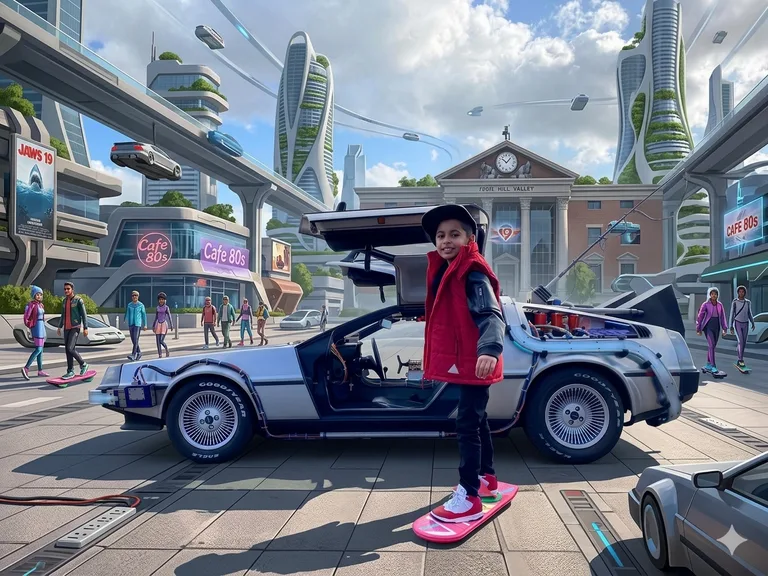 AI Photobooth — guest on a hoverboard with the DeLorean in Hill Valley 2015 (AI Photobooth)