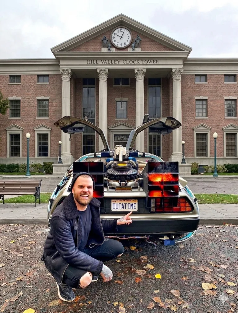 AI Photobooth — guest at the OUTATIME plate with Hill Valley Clock Tower background (AI Photobooth)