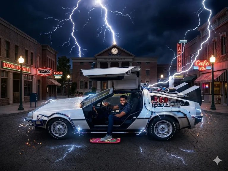 AI Photobooth — guest on a hoverboard with 1955 Hill Valley lightning storm background (AI Photobooth)