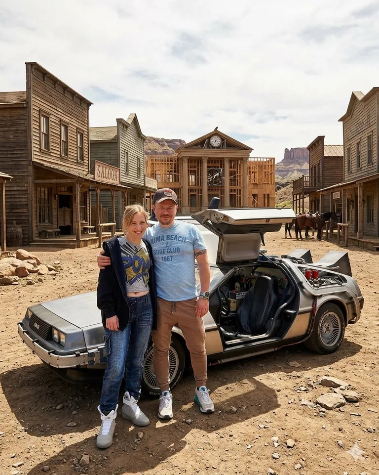 AI Photobooth — couple with the DeLorean in Old West Hill Valley (AI Photobooth)