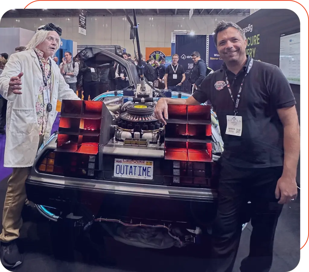 Doc Brown and James with the Movie Car Hire Delorean